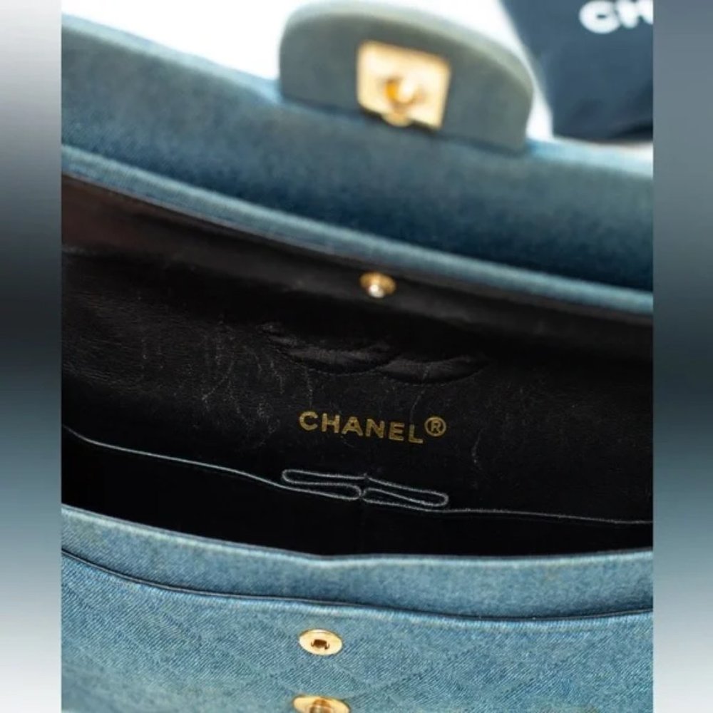 VTG CHANEL 1992 CLASSIC DENIM MEDIUM FLAP BAG PURSE CC TURN LOCK 24k - Picture 7 of 13